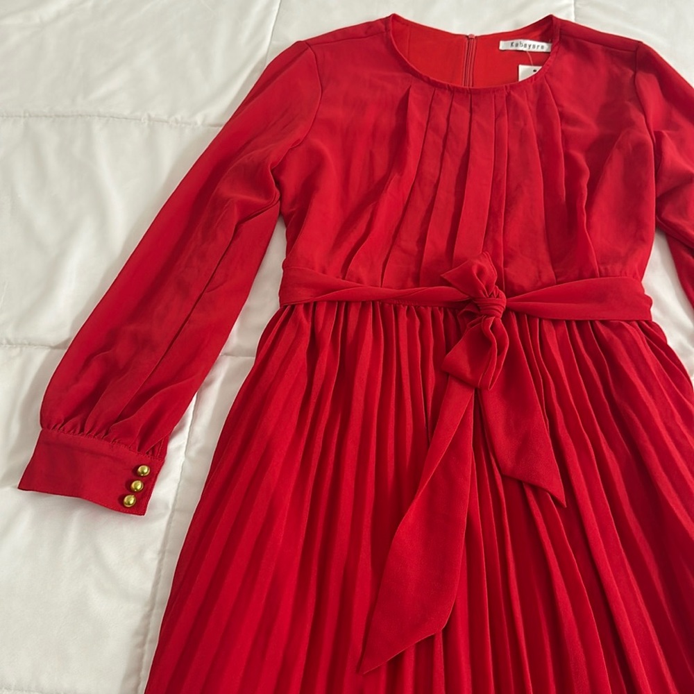 Kabayare Long Sleeve Red Pleated Maxi Dress